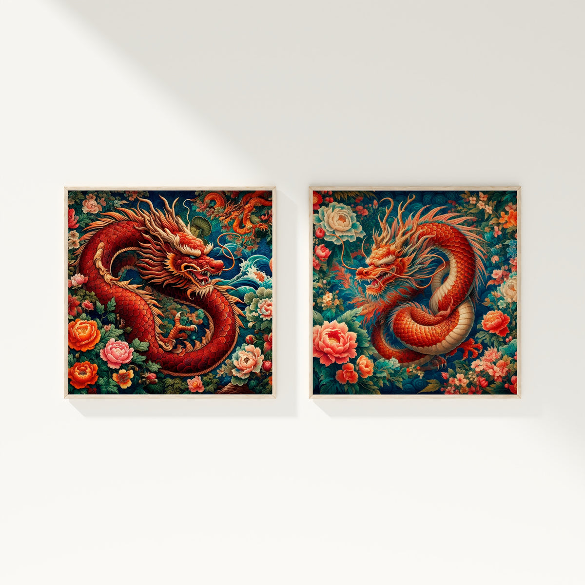 Majestic Dragon Blossom Duo - 20x20 - Framed Posters