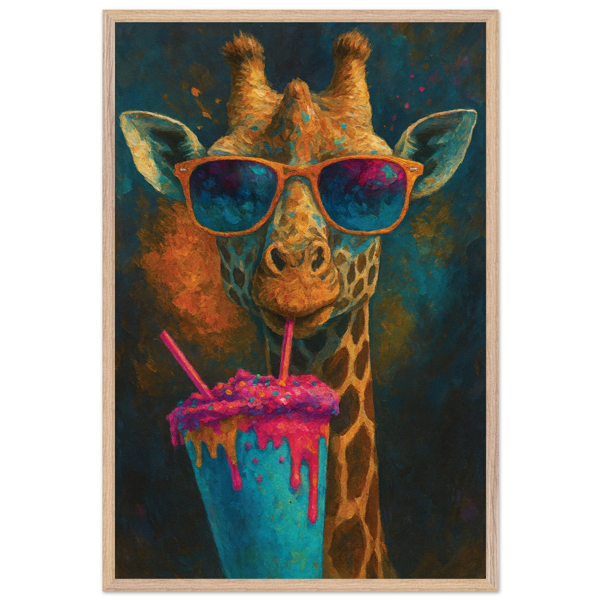 Trendy Giraffe Art – Colorful Wooden Frame Gift - Wood frame - Wooden Framed Posters