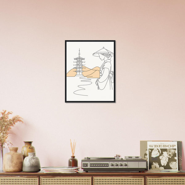 Serene Japanese Elegance - Framed Line Art - - Wooden Framed Posters