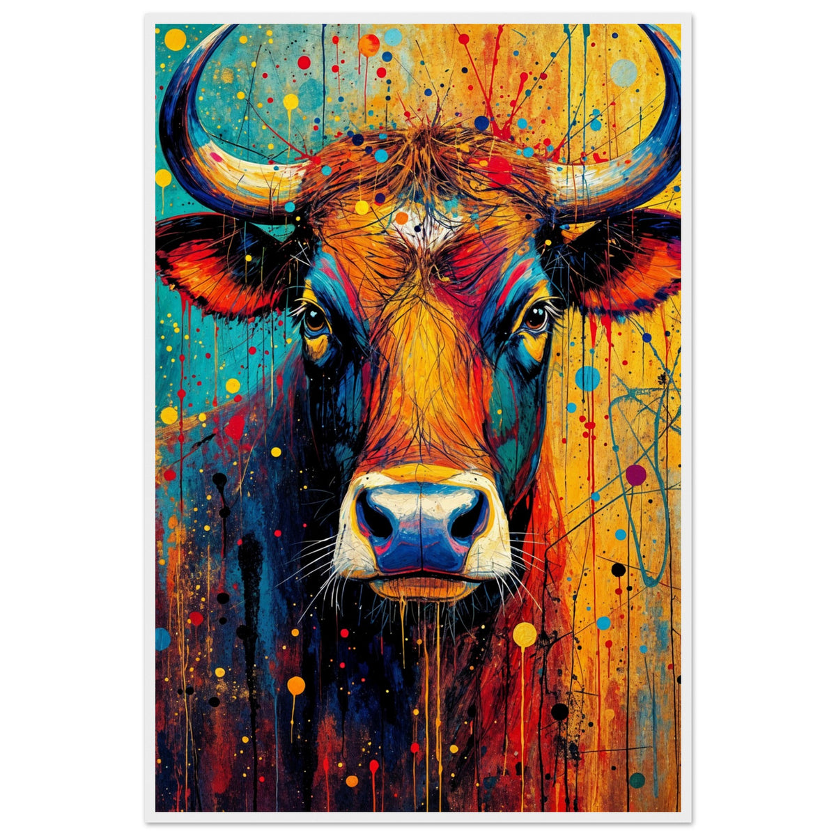 Aura of the Wild - Colorful Bull Art on Matte Paper - - Wooden Framed Posters