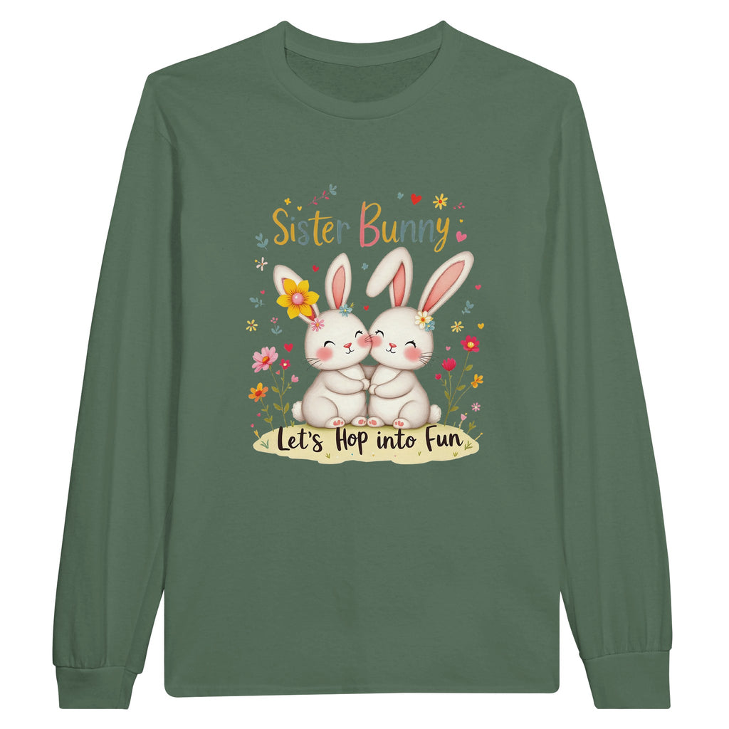 Sister Bunny Easter Tee – A Hoppy Celebration of Sisterhood! - Military Green - Long Sleeves T-shirts