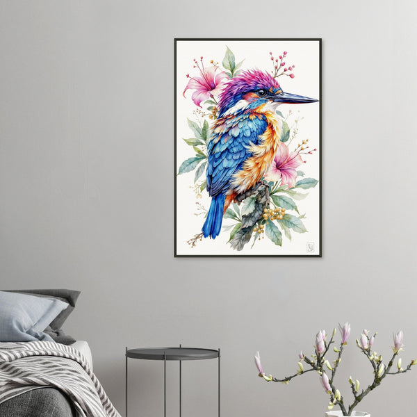Vibrant Majesty - A Kingfisher Among Blooms - - Framed Posters
