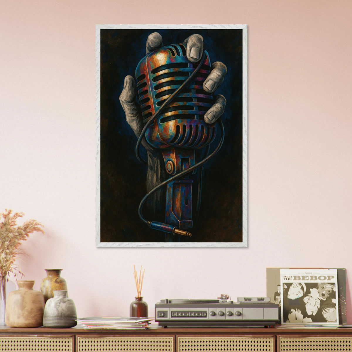 Retro Mic Hand Print – Musician Wooden Frame Gift - - Wooden Framed Posters