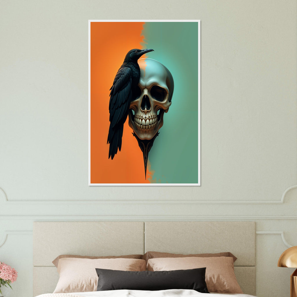 Raven's Requiem - Skull & Crow Framed Print - White frame 60x90 cm 24x36″ - Wooden Framed Posters