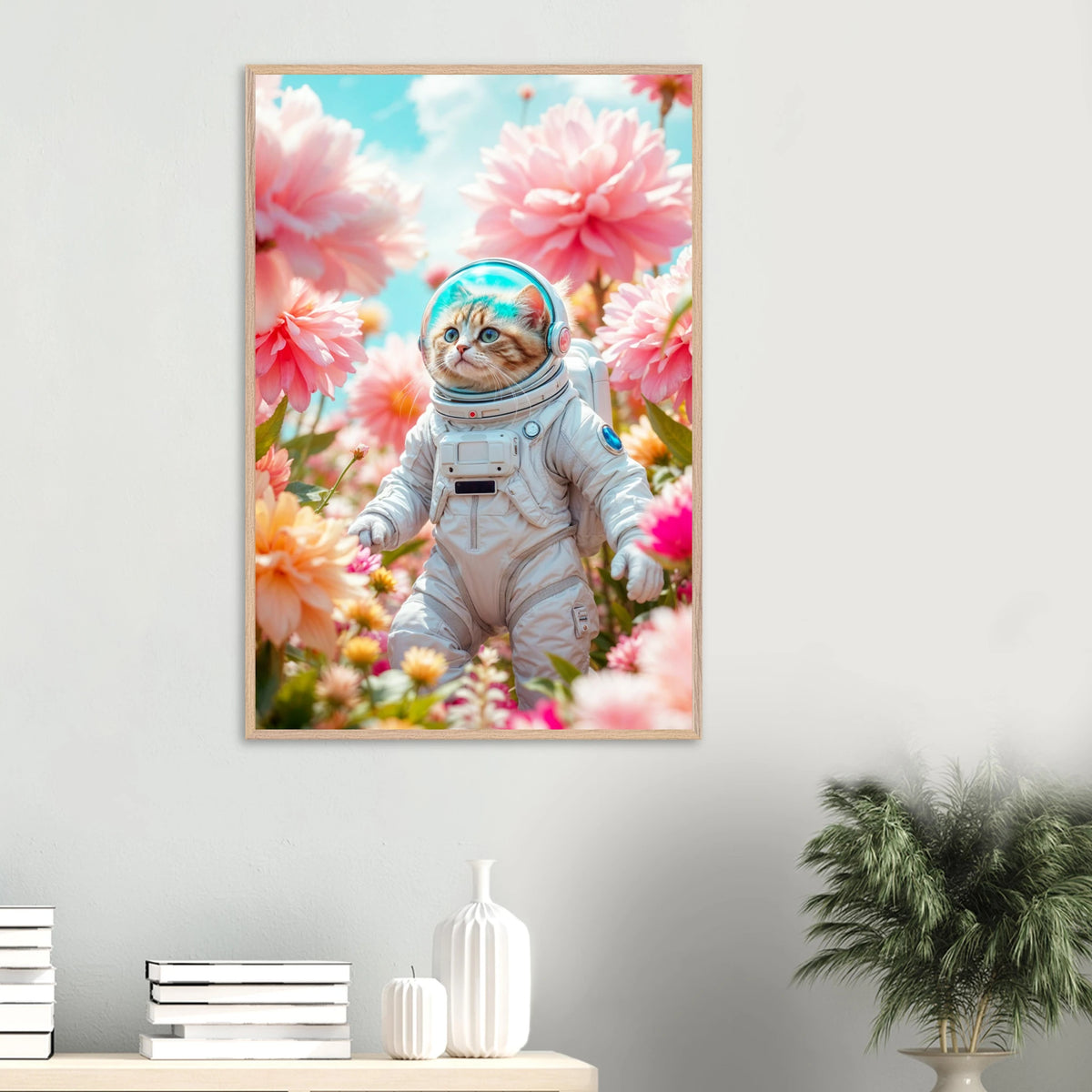 Whimsical Astronaut Cat – Framed Poster for Cat Moms - Wood frame - Wooden Framed Posters