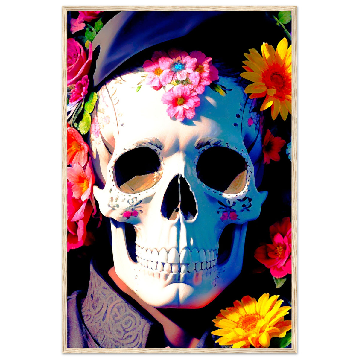 Mystical Bloom - Premium Floral Skull Poster - 60x90 cm 24x36″ Wood frame - Wooden Framed Posters