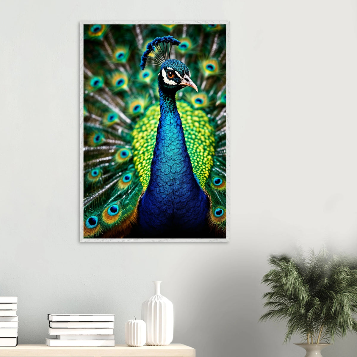 Peacock Glory Framed Poster – Exotic Wall Decor Gift - White frame - Wooden Framed Posters
