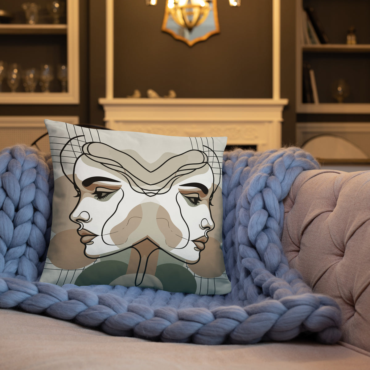 Mirrored Serenity - Abstract Faces Premium Pillow - - Pillows