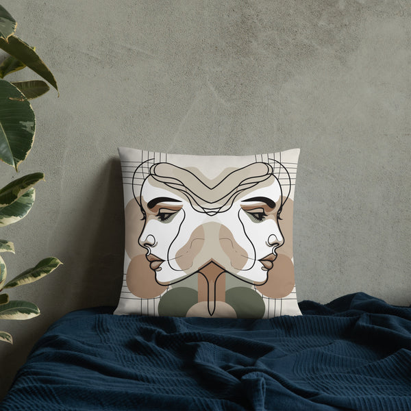 Mirrored Serenity - Abstract Faces Premium Pillow - - Pillows