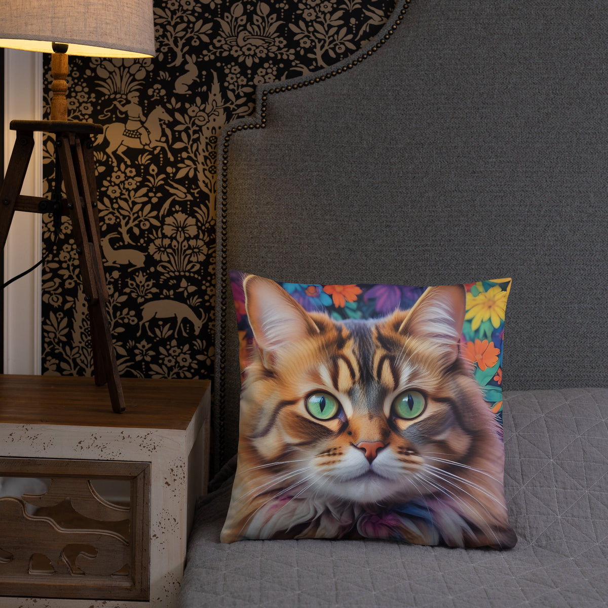 Enchanting Feline - Colorful Cat Portrait - - Basic PIllow