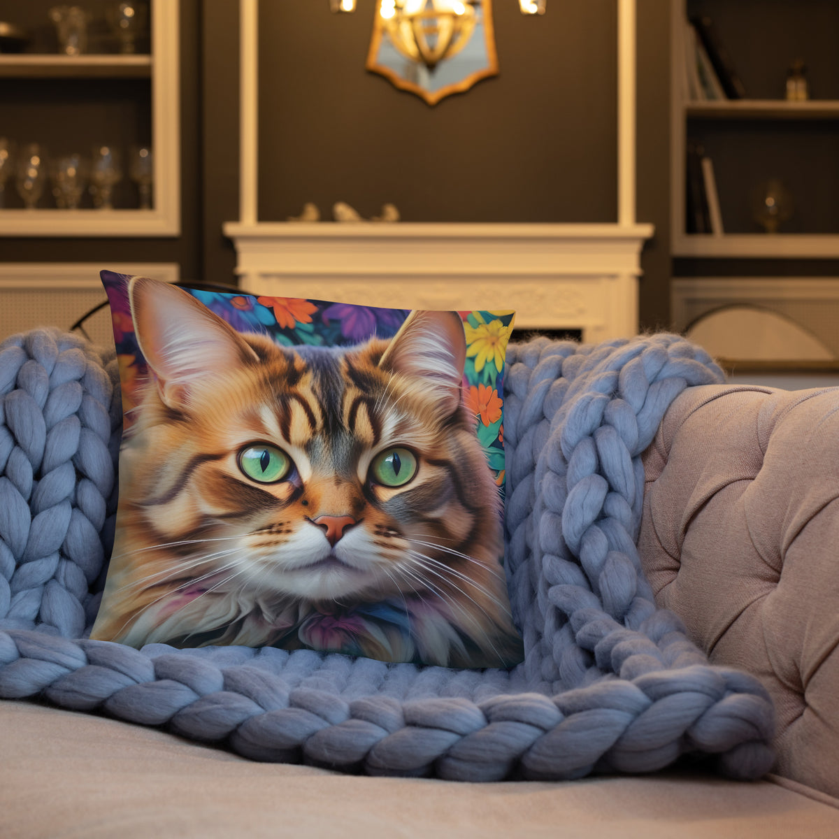 Enchanting Feline - Colorful Cat Portrait - - Basic PIllow