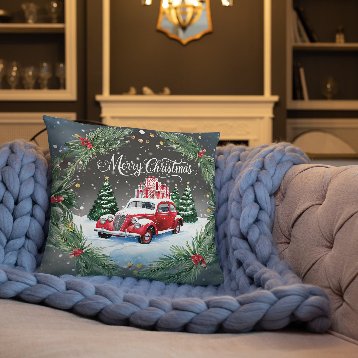 Snowy Classic Car Pillow – A Gift of Winter Memories - - Pillows