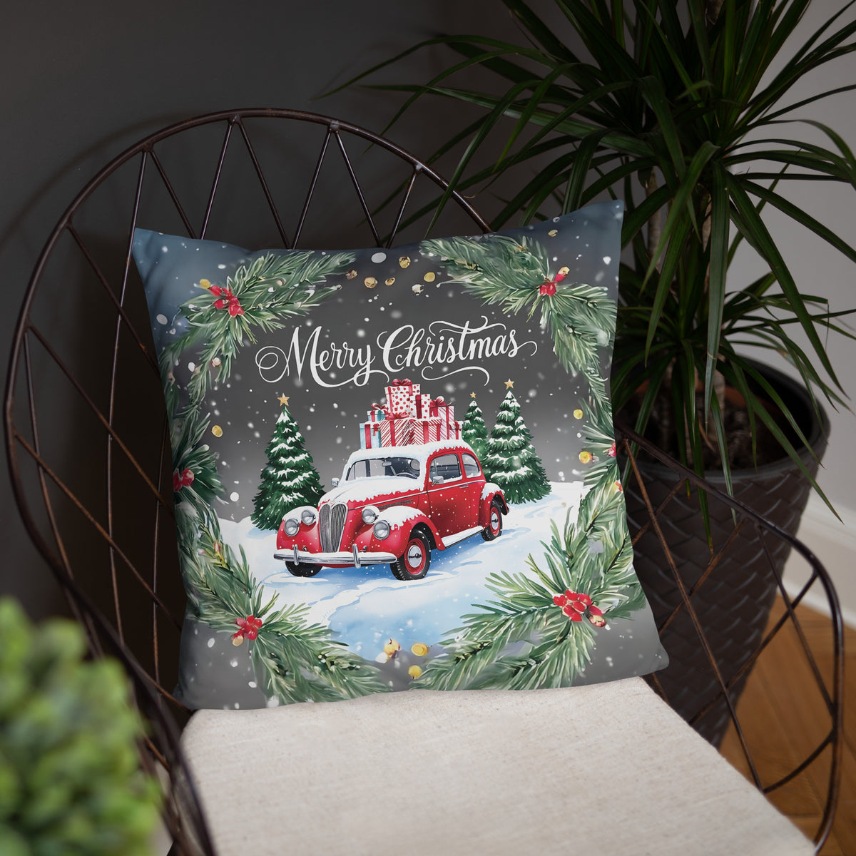 Snowy Classic Car Pillow – A Gift of Winter Memories - - Pillows