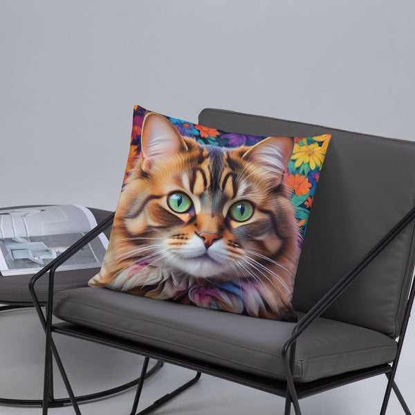 Enchanting Feline - Colorful Cat Portrait - - Basic PIllow