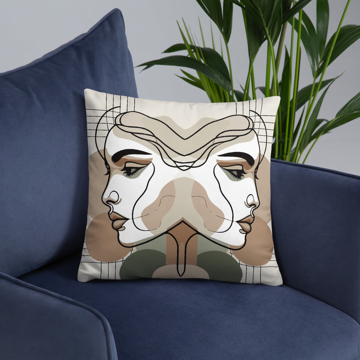 Mirrored Serenity - Abstract Faces Premium Pillow - - Pillows