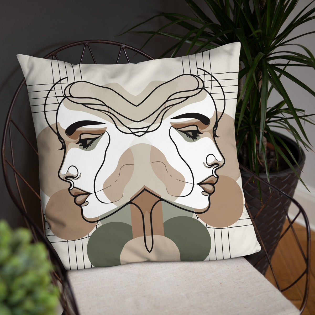 Mirrored Serenity - Abstract Faces Premium Pillow - - Pillows