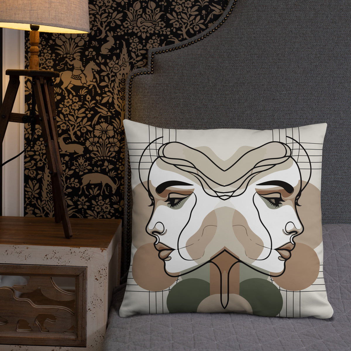 Mirrored Serenity - Abstract Faces Premium Pillow - - Pillows