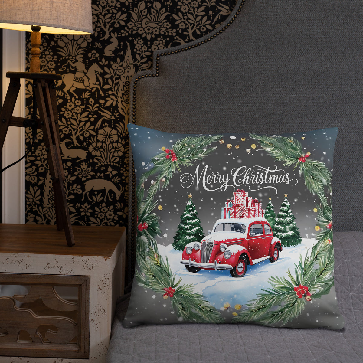 Snowy Classic Car Pillow – A Gift of Winter Memories - - Pillows