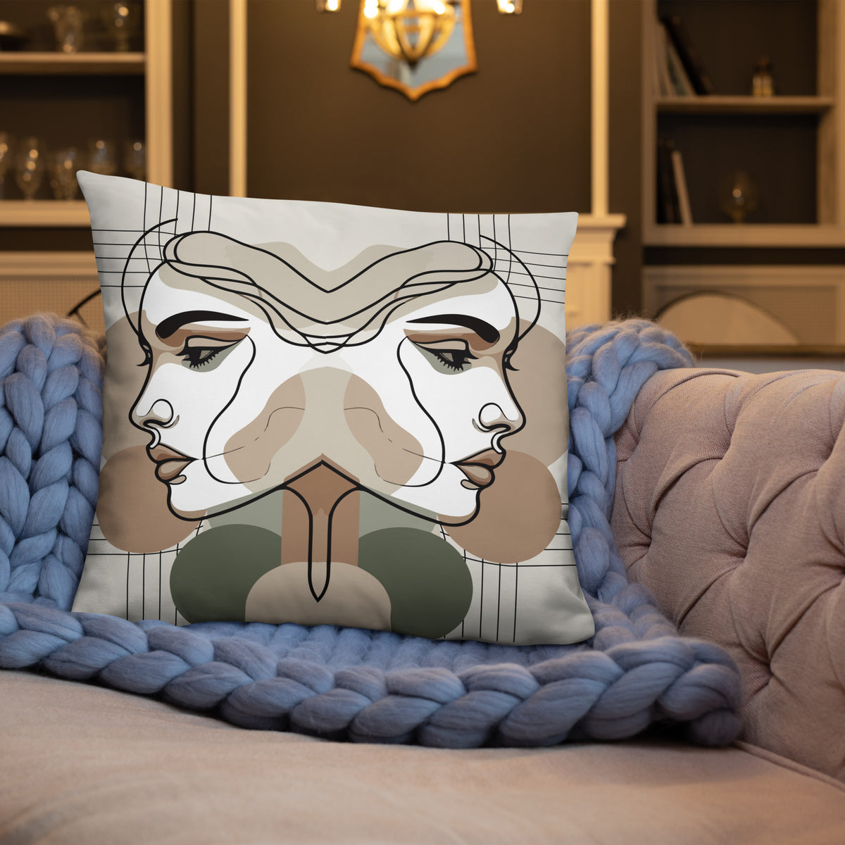 Mirrored Serenity - Abstract Faces Premium Pillow - - Pillows