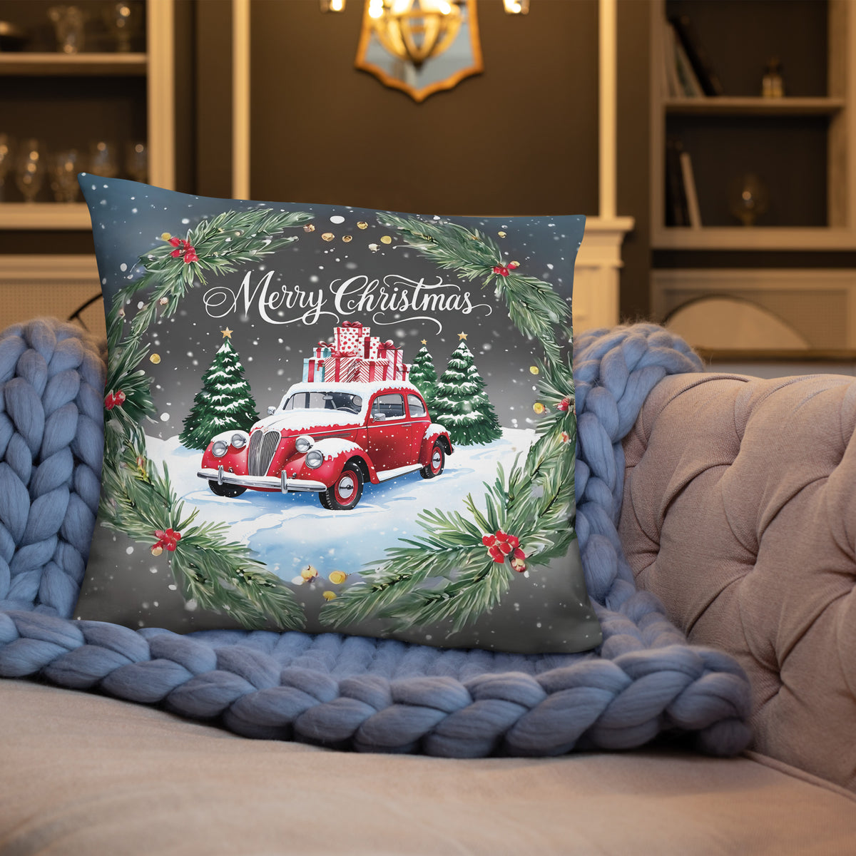 Snowy Classic Car Pillow – A Gift of Winter Memories - - Pillows