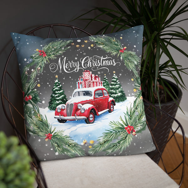 Snowy Classic Car Pillow – A Gift of Winter Memories - - Pillows