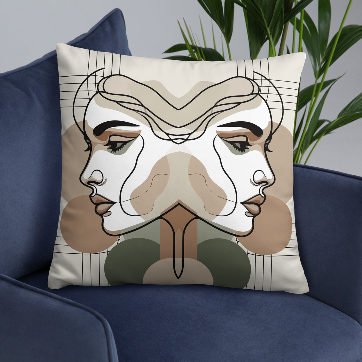 Mirrored Serenity - Abstract Faces Premium Pillow - - Pillows