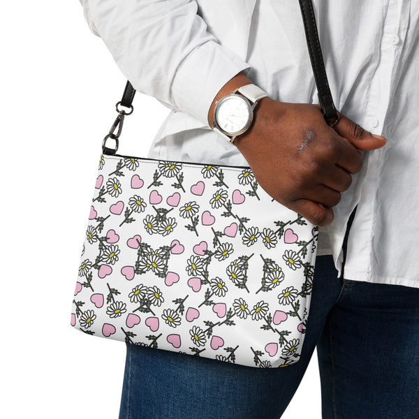 Love in Bloom Crossbody Bag - Daisies and Hearts All-Over Print - - Crossbody Bag