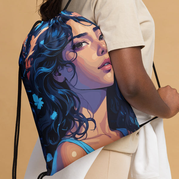 Ethereal Beauty - Blue-Haired Muse Drawstring Bag - - Drawstring Bags