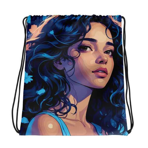 Ethereal Beauty - Blue-Haired Muse Drawstring Bag - - Drawstring Bags