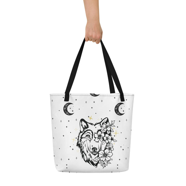 Wild Elegance - Moonlit Wolf Tote - Black - Tote Bags