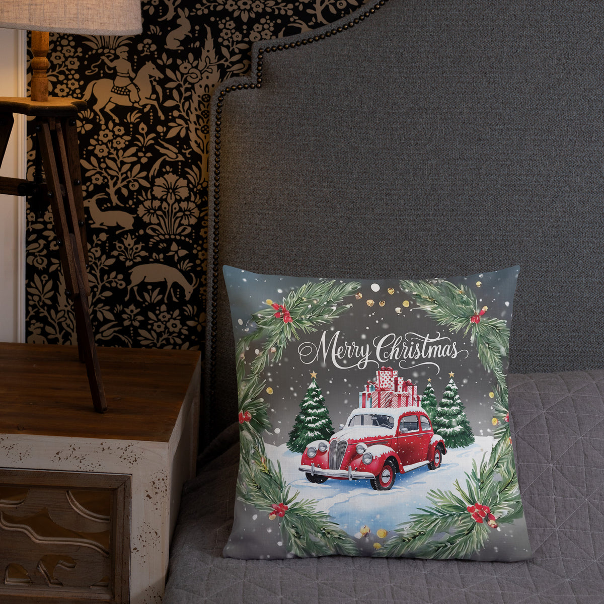 Vintage Holiday Ride - A Festive Christmas Pillow - - Pillows