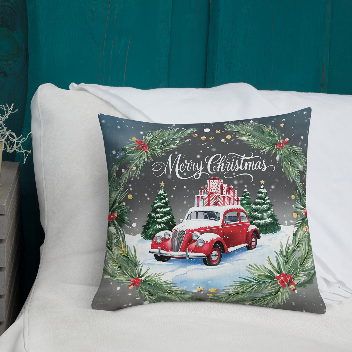 Vintage Holiday Ride - A Festive Christmas Pillow - - Pillows