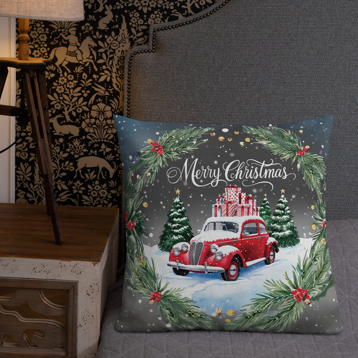 Vintage Holiday Ride - A Festive Christmas Pillow - - Pillows