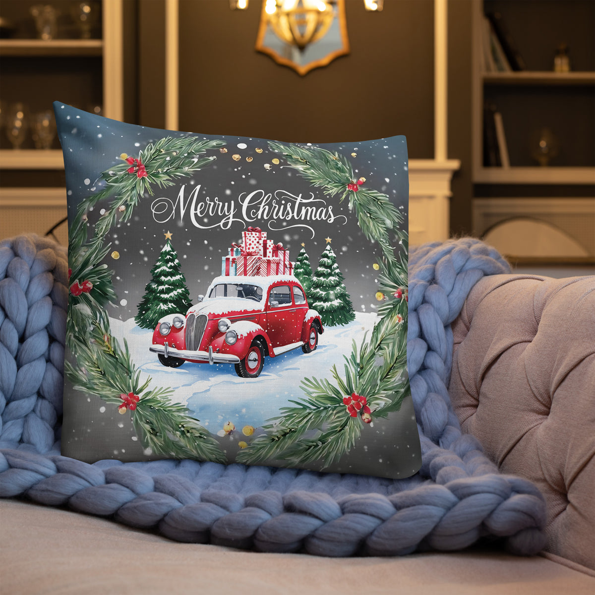 Vintage Holiday Ride - A Festive Christmas Pillow - - Pillows