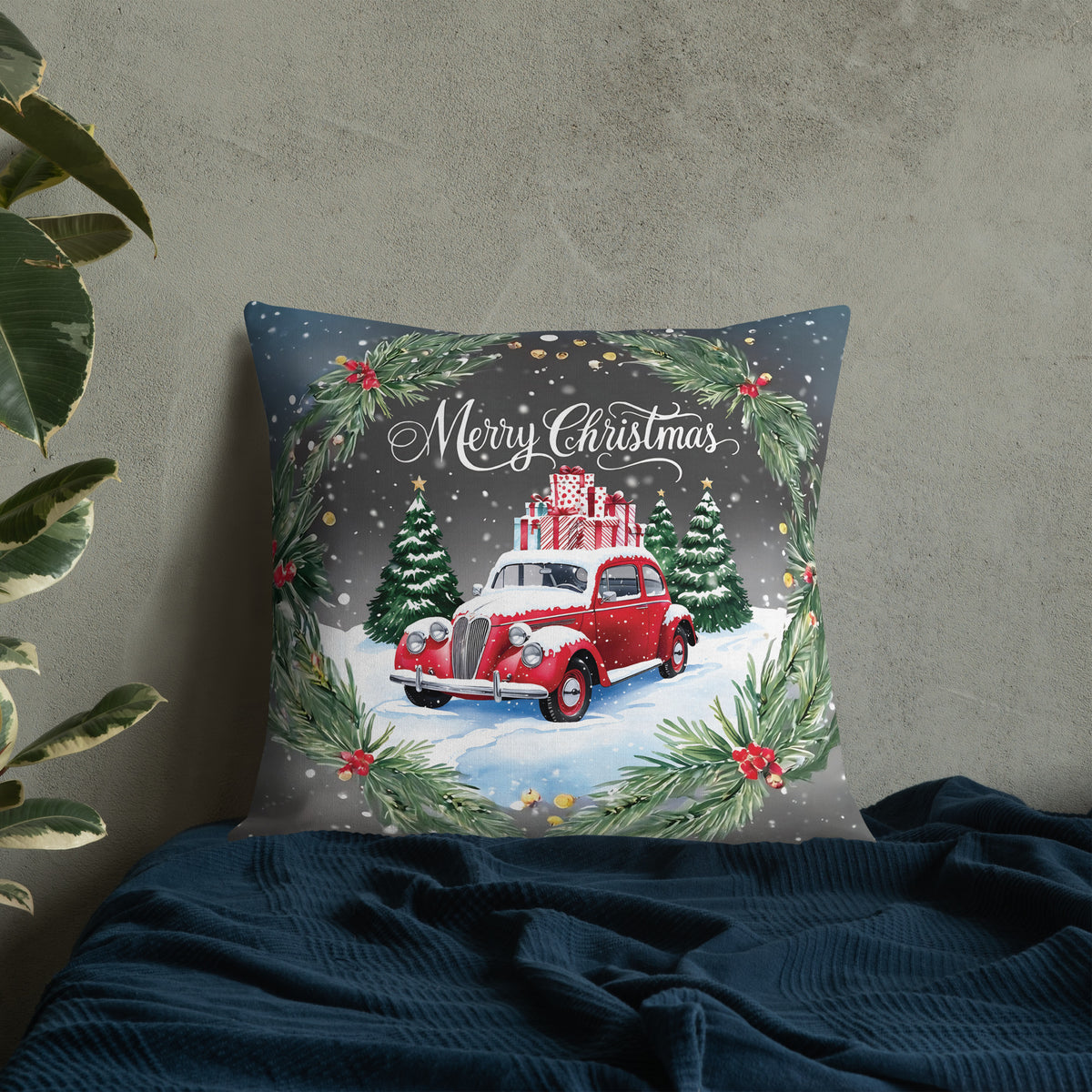 Vintage Holiday Ride - A Festive Christmas Pillow - 22″×22″ - Pillows