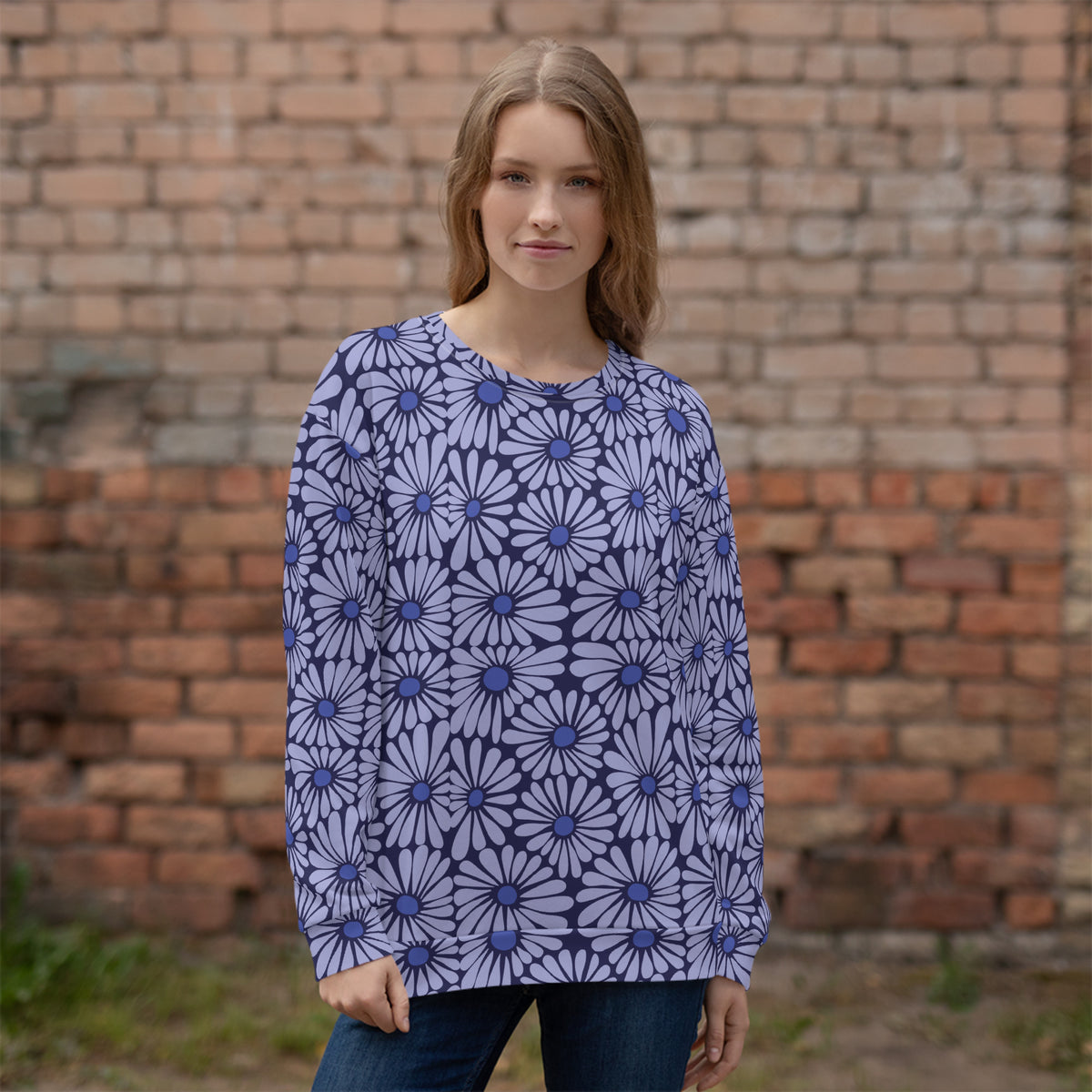 Navy Petals Full Print Sweatshirt - Dive into Calm - - Sweatshirts