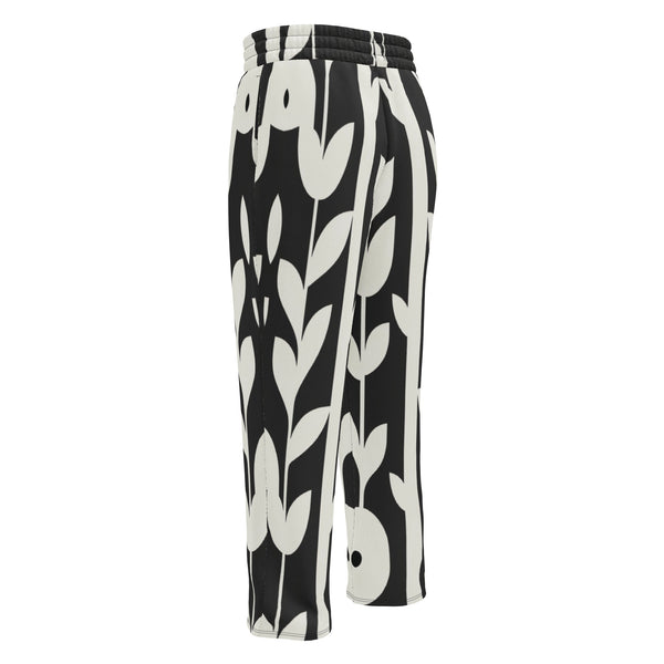 Geometric Grace - Black & White Floral Joggers - - Joggers