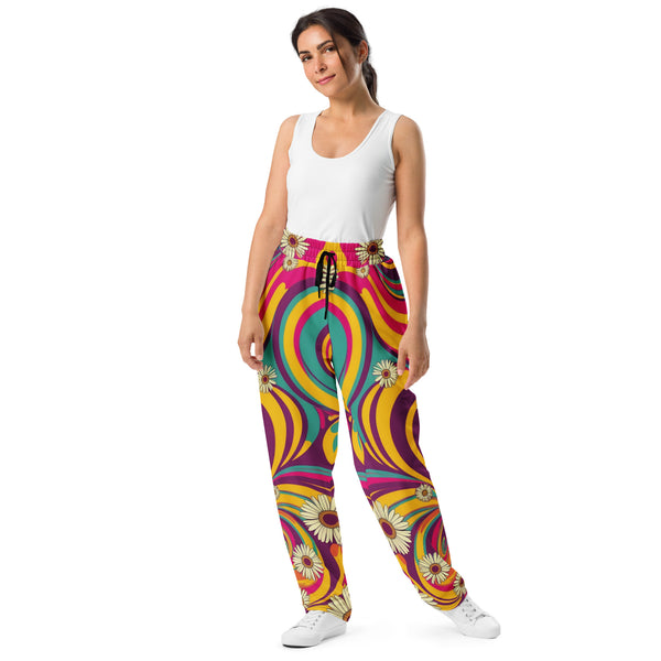 Groovy Blooms - Wide-Leg Joggers with a 70s Twist - - Joggers