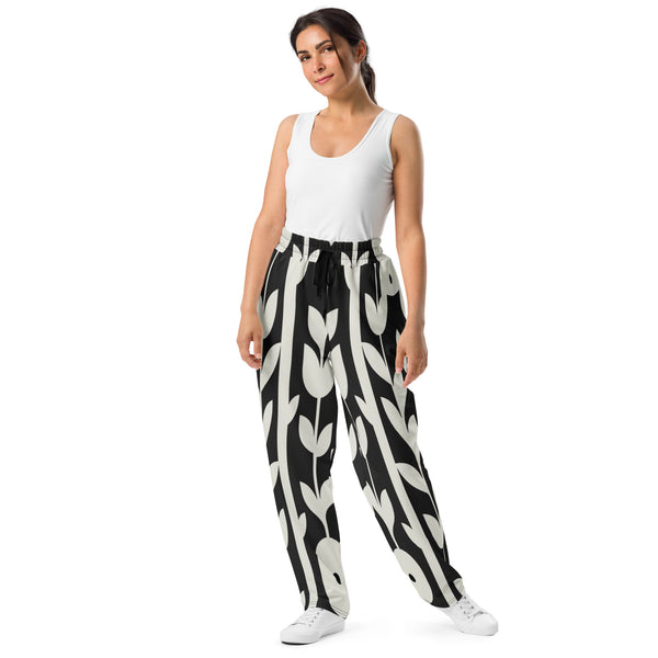 Geometric Grace - Black & White Floral Joggers - - Joggers