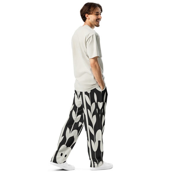 Geometric Grace - Black & White Floral Joggers - - Joggers