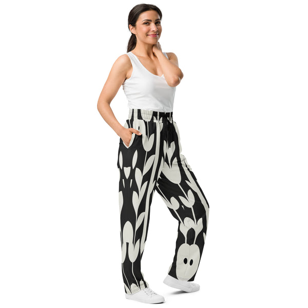 Geometric Grace - Black & White Floral Joggers - - Joggers