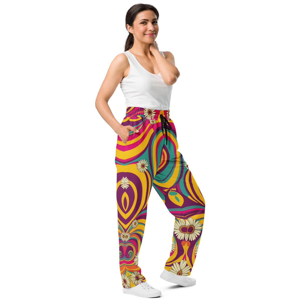 Groovy Blooms - Wide-Leg Joggers with a 70s Twist - - Joggers