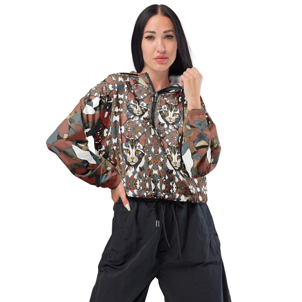 Catty Charm Cropped Windbreaker - Chic Meets Wild - - Winbreakers