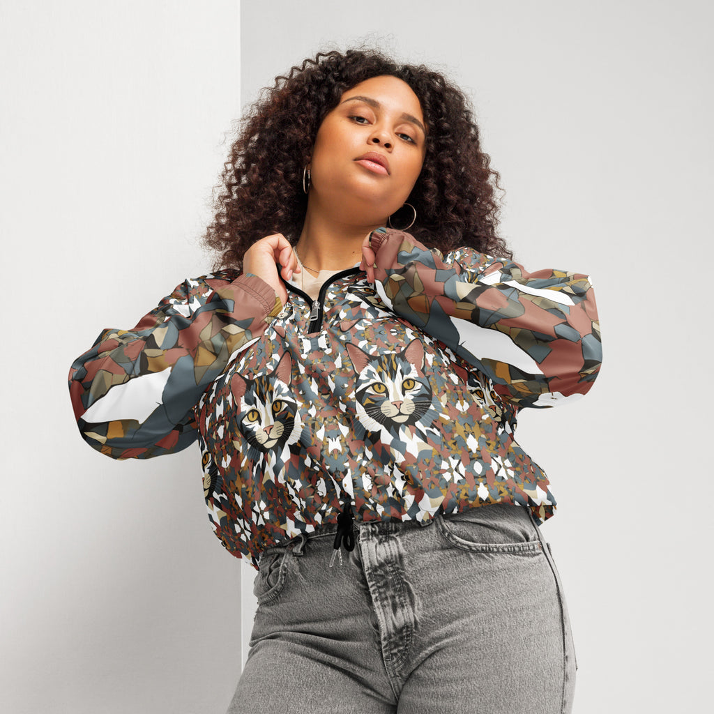 Catty Charm Cropped Windbreaker - Chic Meets Wild - - Winbreakers