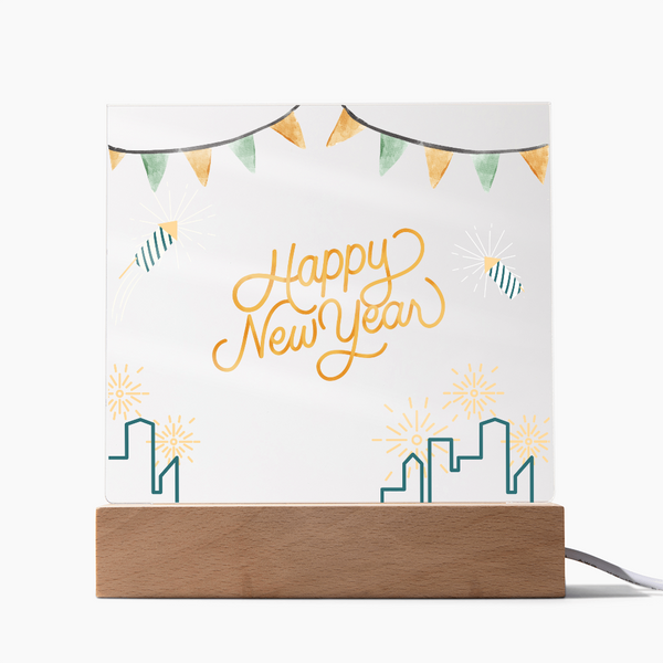 Happy New Year Acrylic Plaque – Festive Gift for 2026 - LED Corded Base - Acrylic Prints