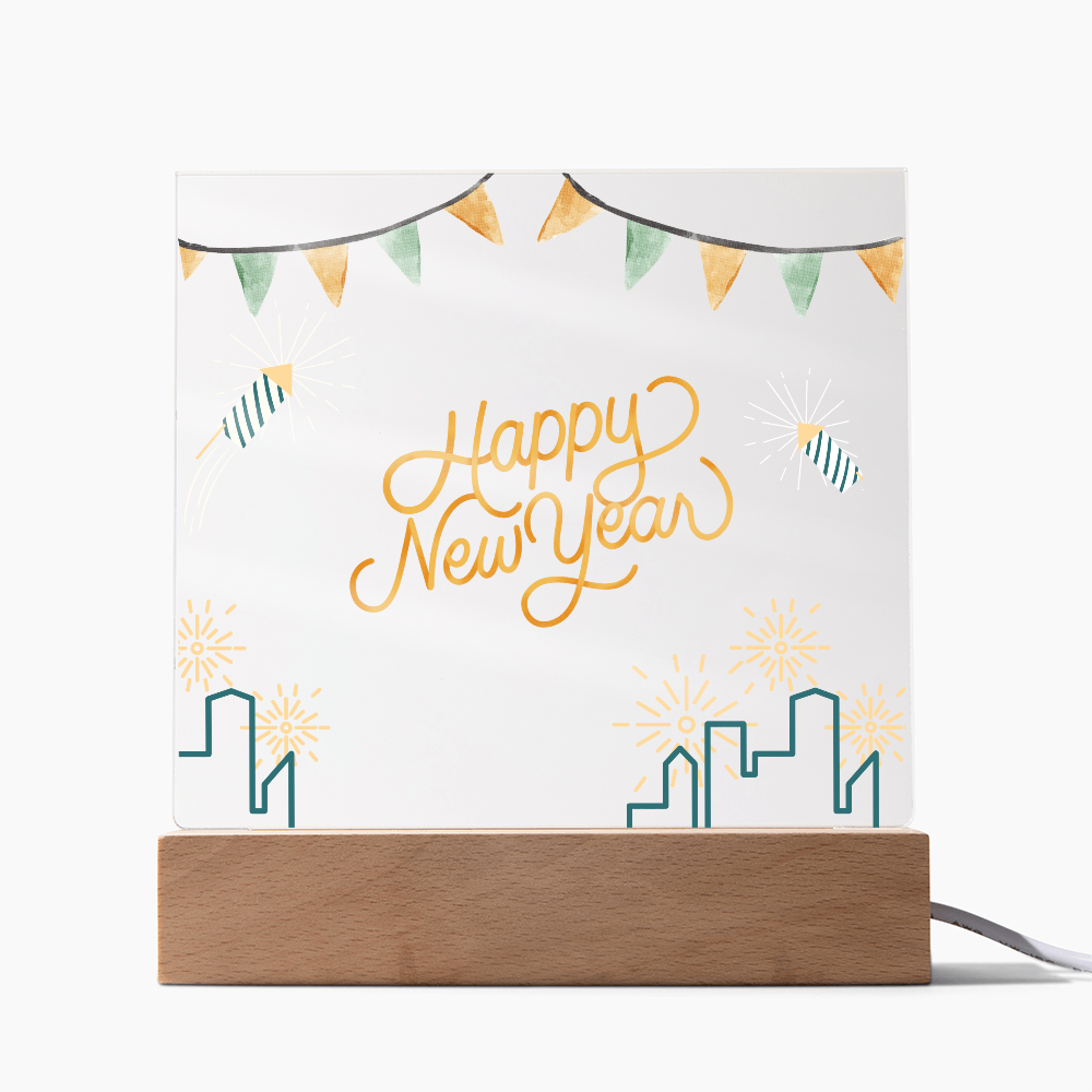 Happy New Year Acrylic Plaque – Festive Gift for 2026 - LED Corded Base - Acrylic Prints