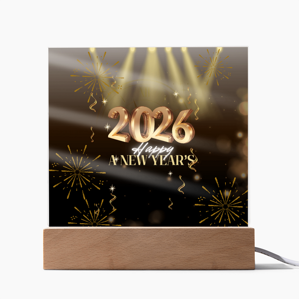 Golden 2026 Acrylic Plaque – Light Up the New Year - LED Corded Base - Acrylic Prints
