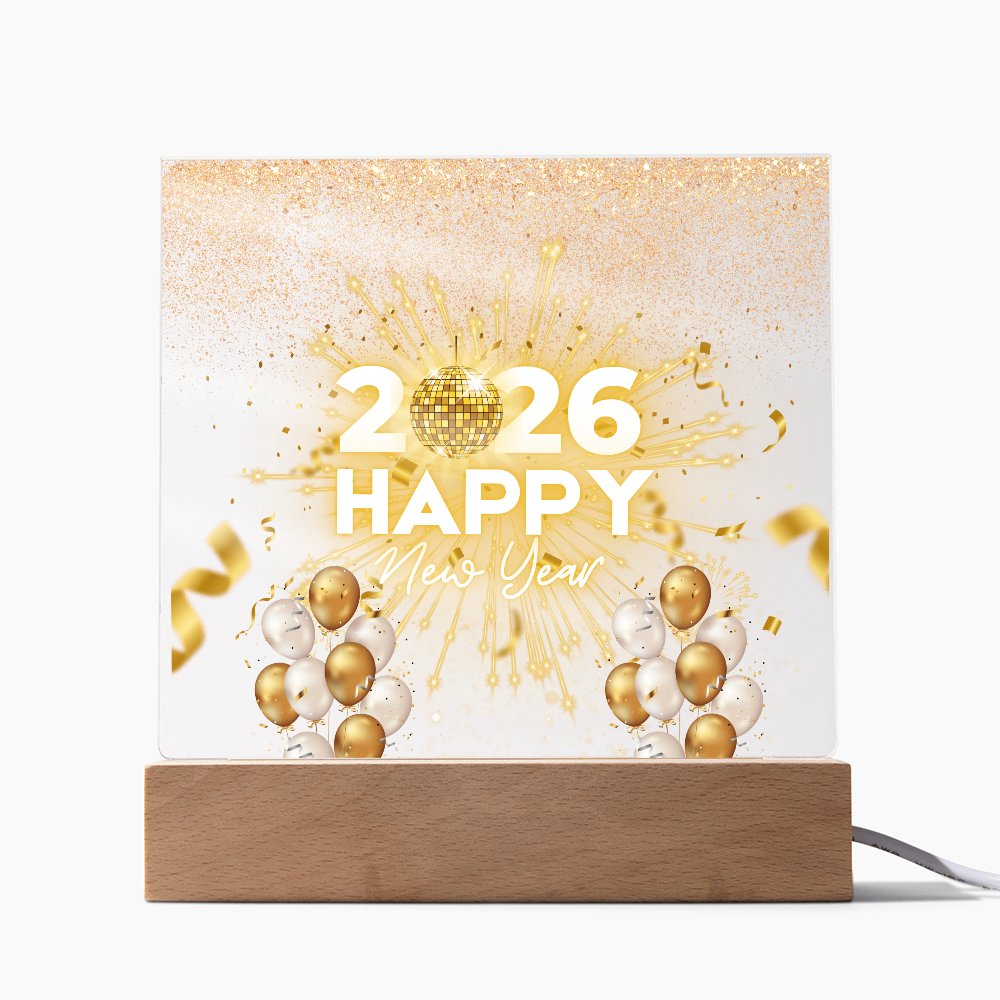 Radiant New Year 2026 Acrylic Plaque – Festive Keepsake - LED Corded Base - Acrylic Prints
