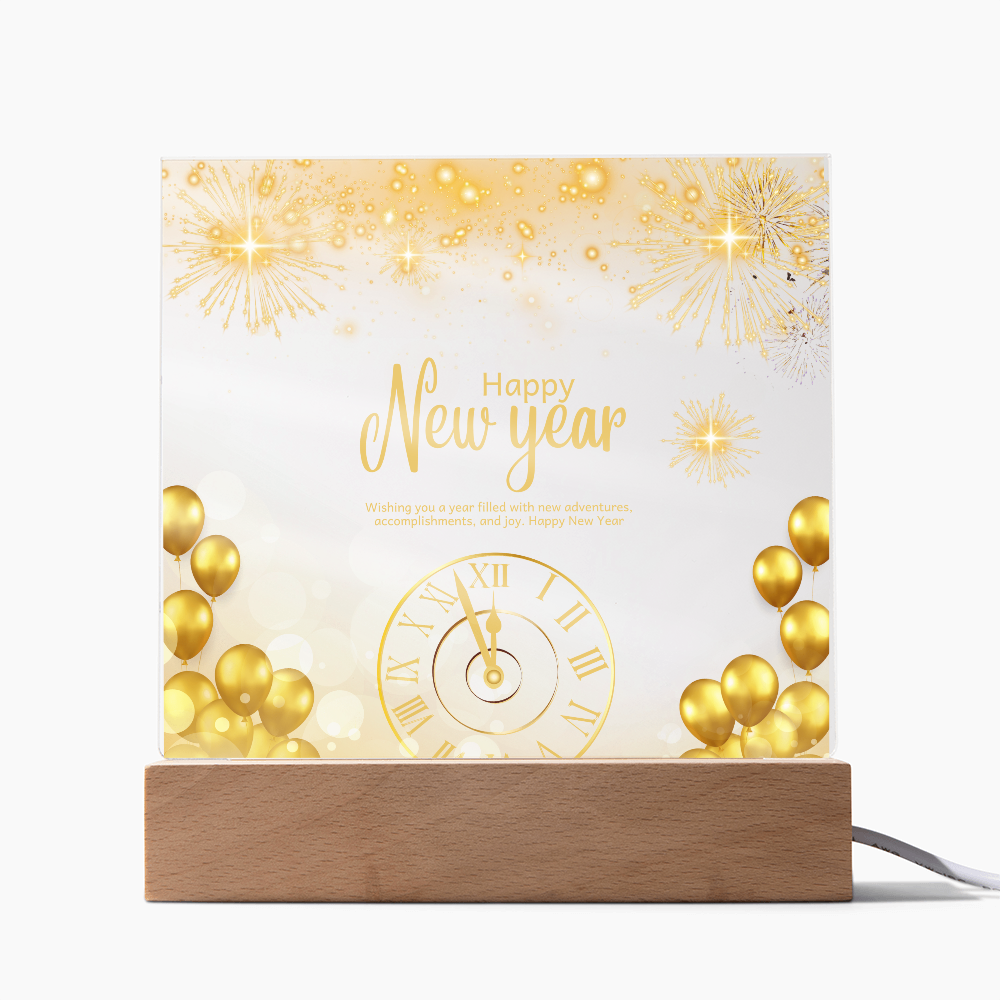 Golden Happy New Year Acrylic Plaque – Festive Gift 2026 - LED Corded Base - Acrylic Prints