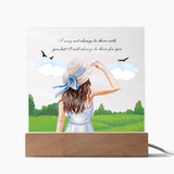 Girl with Hat Acrylic Plaque – Peaceful LED Home Decor - LED Corded Base - Acrylic Prints